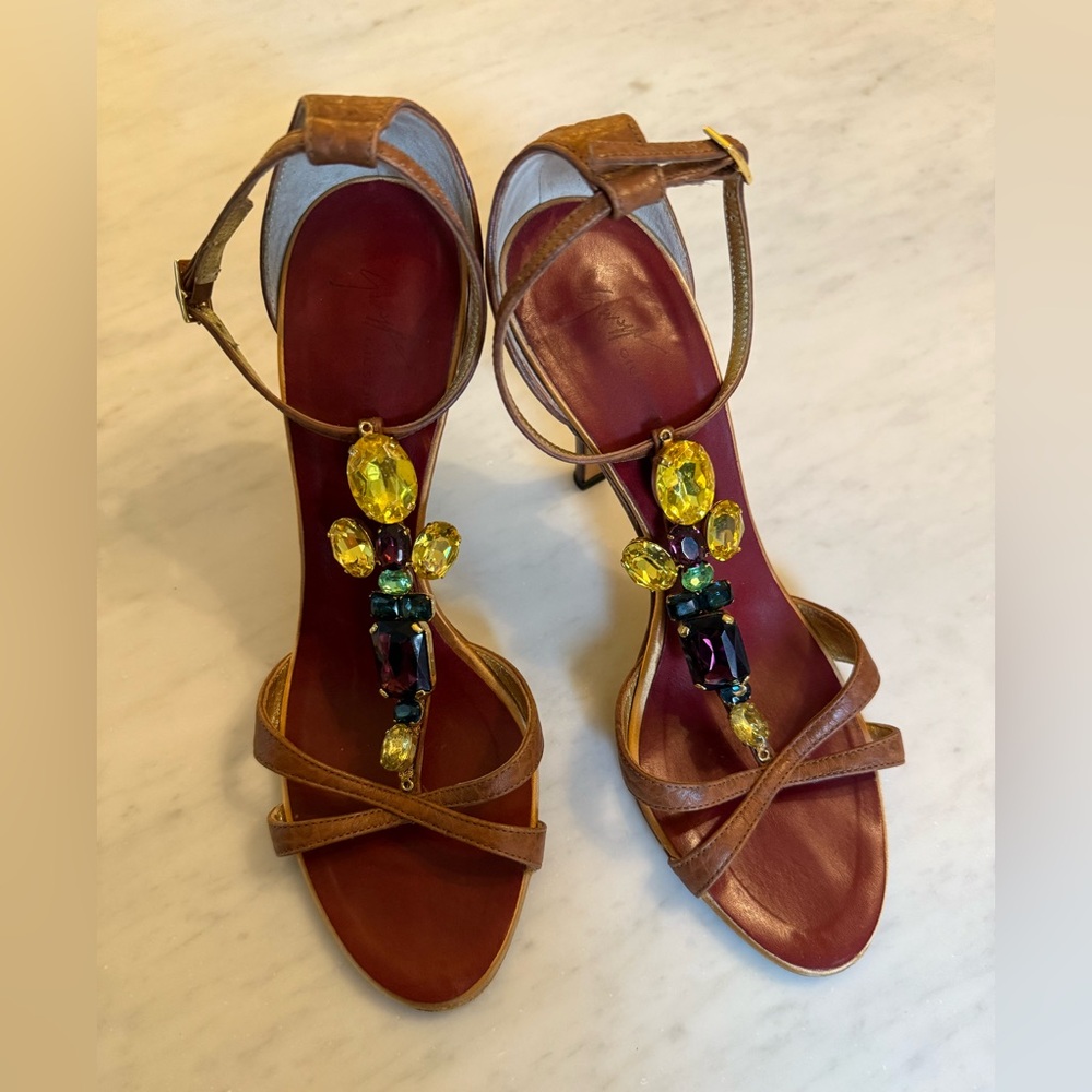 Giuseppe Zanotti  Design VICINI Elegant Brown Sandals with Jewel Accents